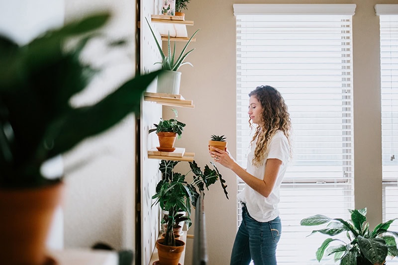 Young woman holding one of her indoor plants.